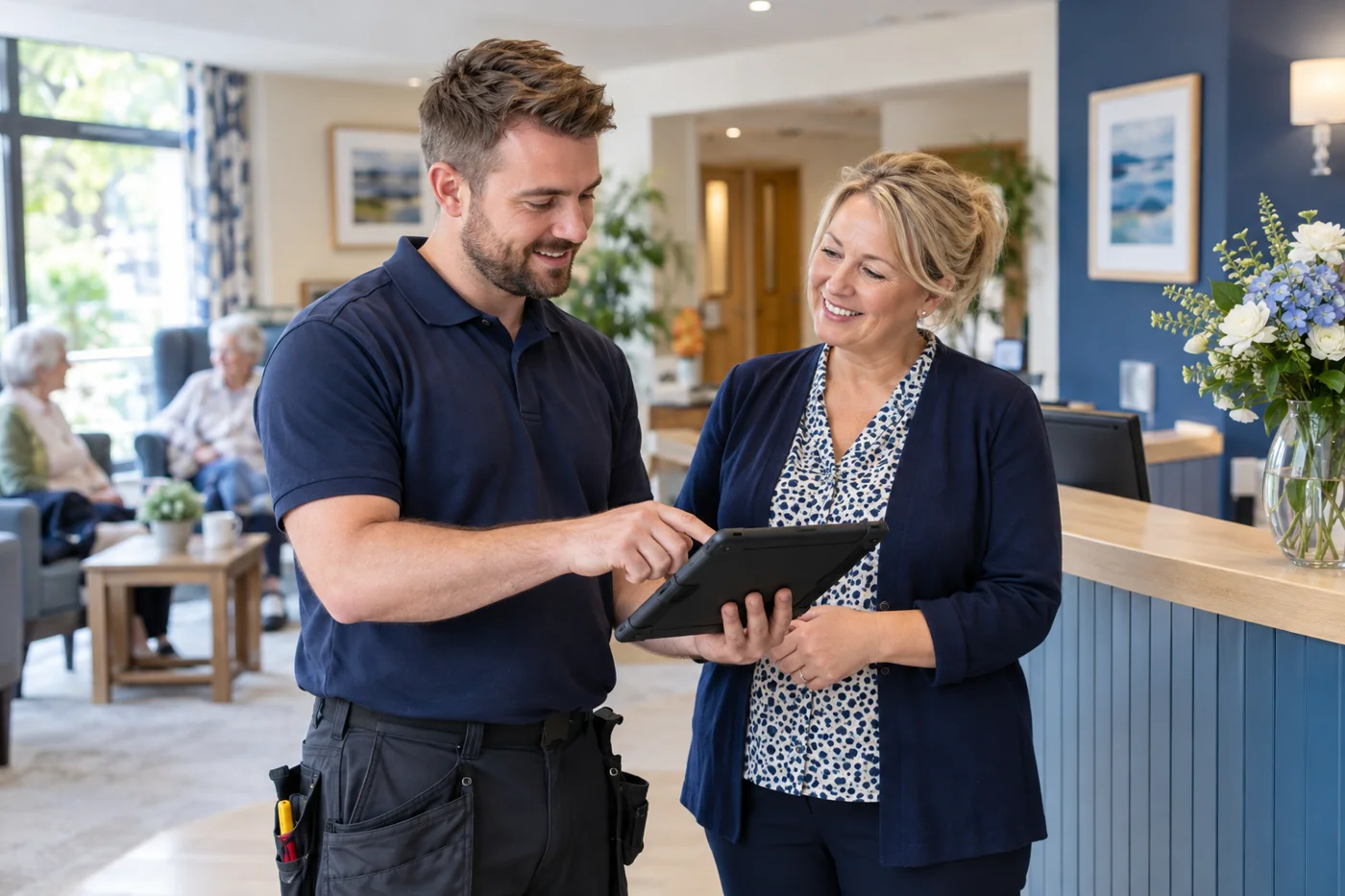 Illustrative photo of an engineer discussing work with a care home manager
