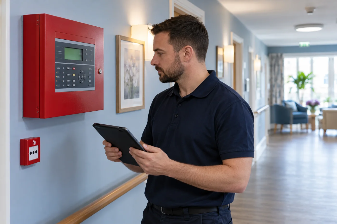 Illustrative photo of a fire alarm engineer checking a panel